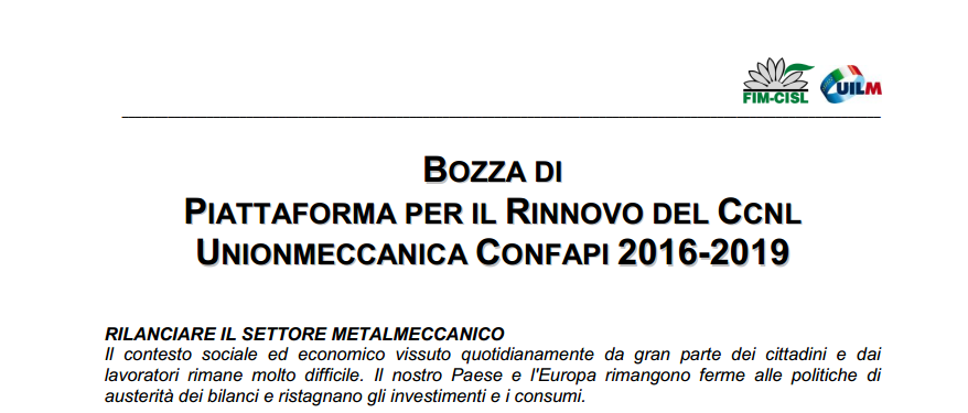 IPOTESI DI PIATTAFORMA PER IL RINNOVO DEL CONTRATTO NAZIONALE UNIONMECCANICA-CONFAPI