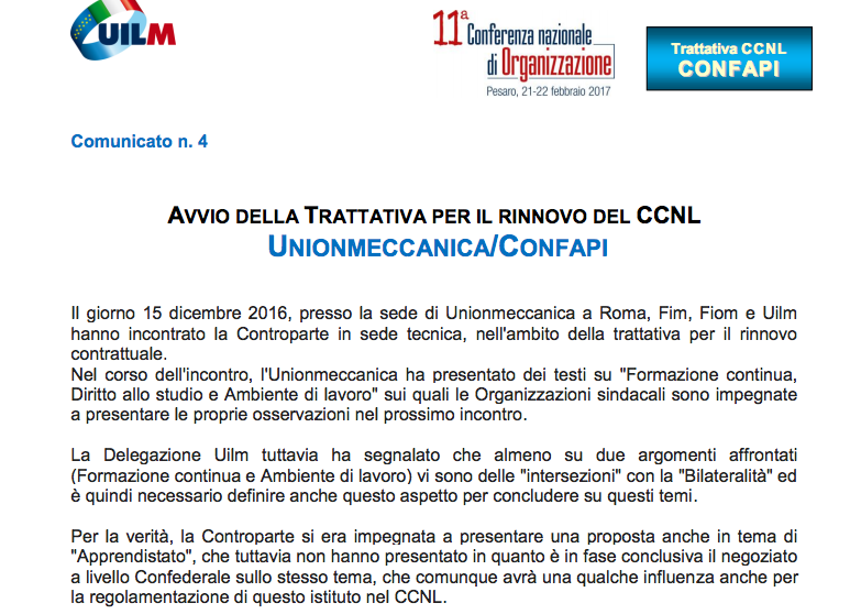 Rinnovo CCNL Unionmeccanica Confapi