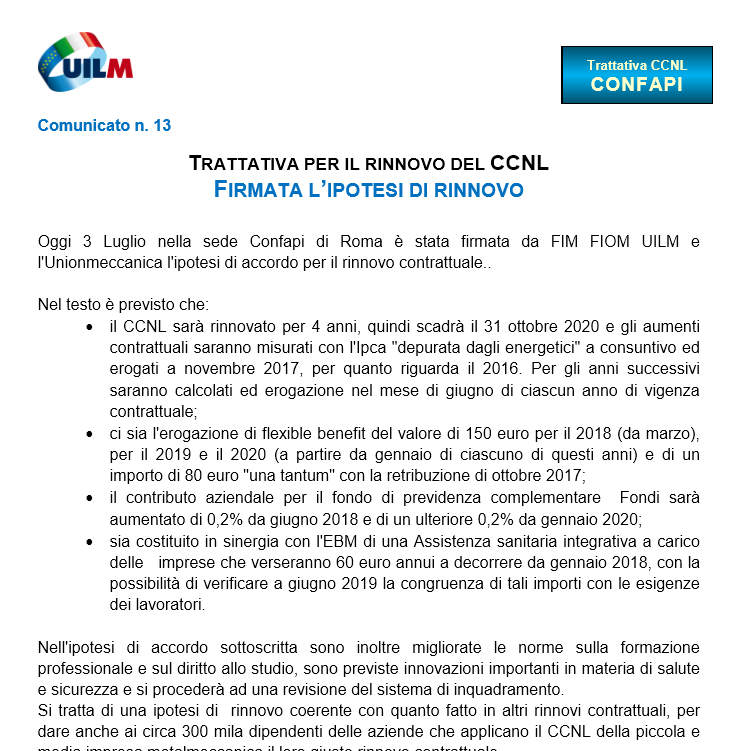 Rinnovato CCNL Unionmeccanica Confapi