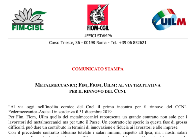 METALMECCANICI; FIM, FIOM, UILM: AL VIA TRATTATIVA PER IL RINNOVO DEL CCNL