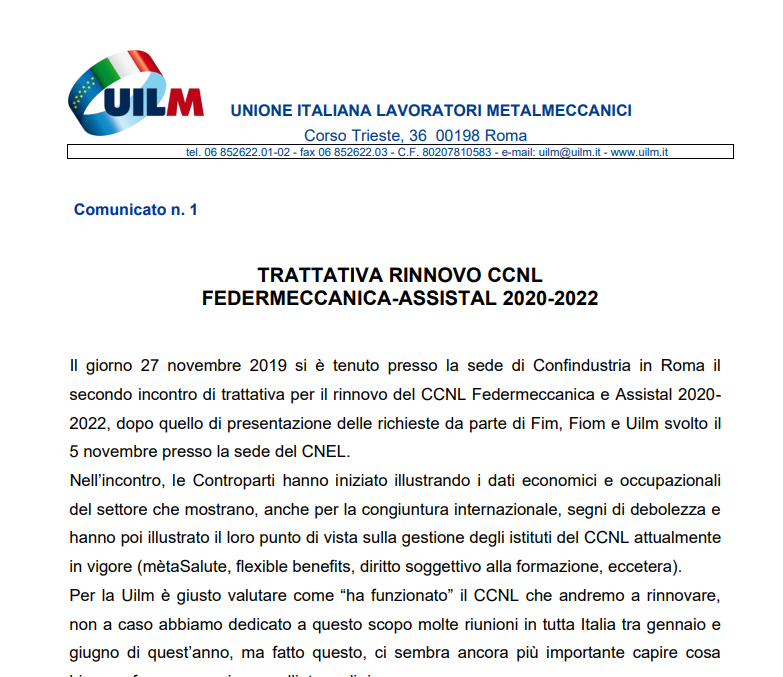 Trattativa Rinnovo CCNL Federmeccanica Comunicato n. 1