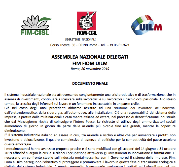 Documento Finale dell’ Assemblea Nazionale delegati Fim Fiom Uilm