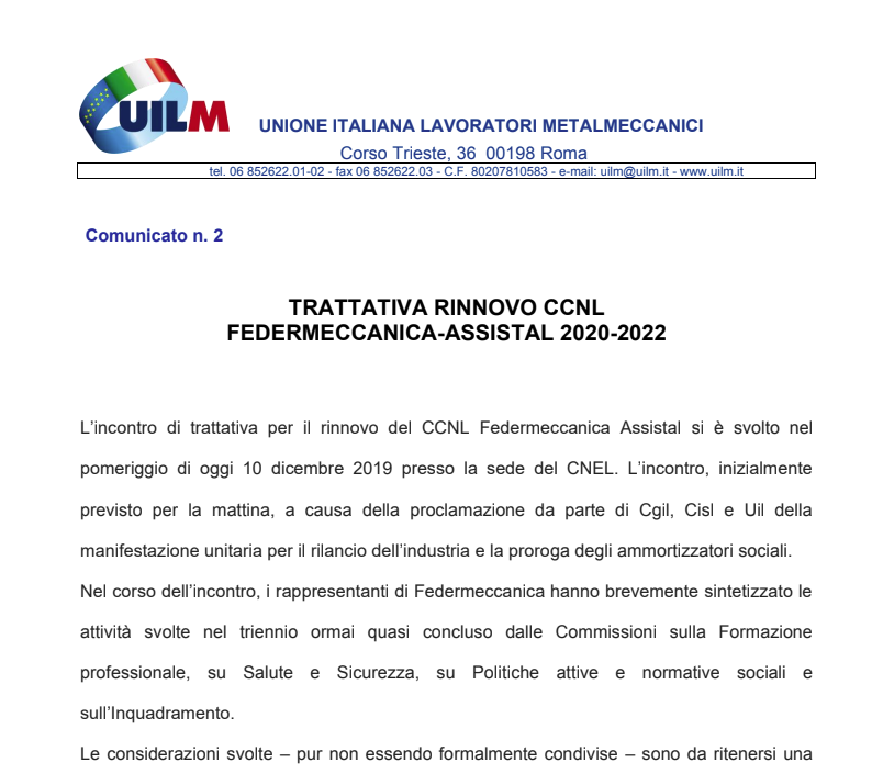 Trattativa Rinnovo CCNL Federmeccanica Comunicato n. 2