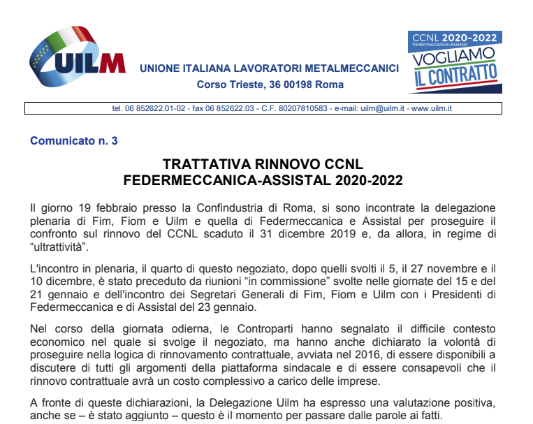 Trattativa rinnovo CCNL: Comunicato n. 3