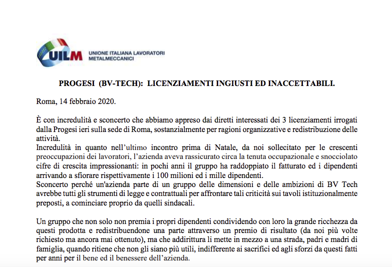 PROGESI (BV-TECH): LICENZIAMENTI INGIUSTI ED INACCETTABILI.