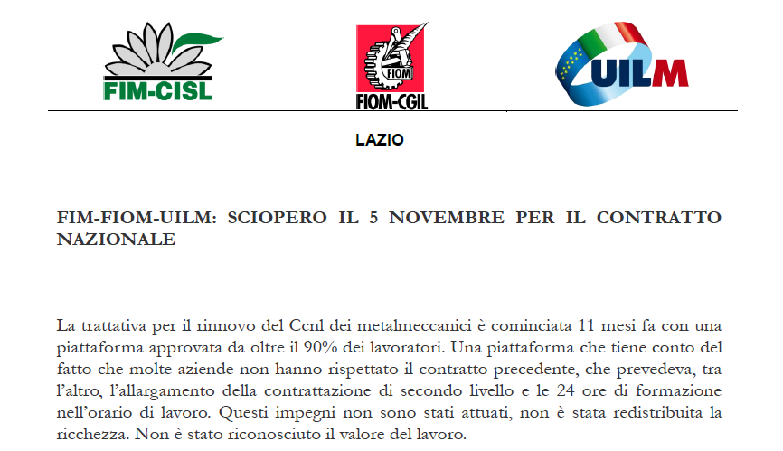 FIM-FIOM-UILM: SCIOPERO IL 5 NOVEMBRE PER IL CONTRATTO NAZIONALE