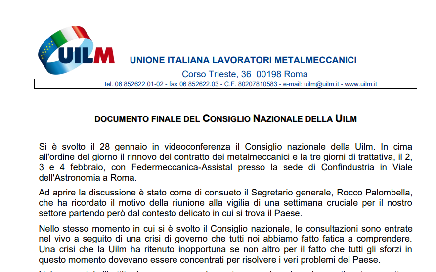 Documento finale del consiglio nazionale della UILM