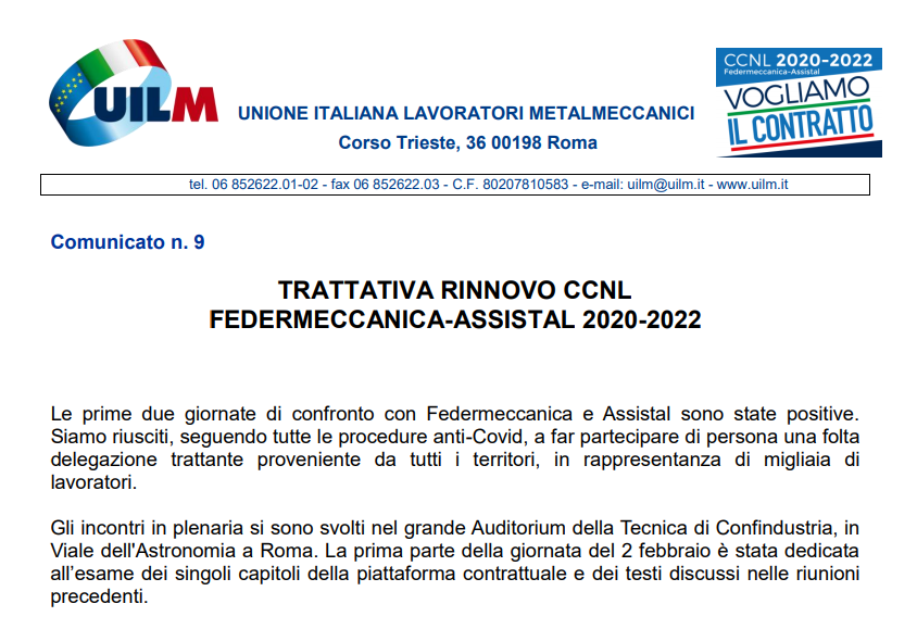 TRATTATIVA RINNOVO CCNL FEDERMECCANICA-ASSISTAL 2020-2022
