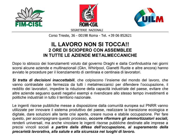 IL LAVORO NON SI TOCCA!! 2 ORE DI SCIOPERO CON ASSEMBLEE IN TUTTE LE AZIENDE METALMECCANICHE