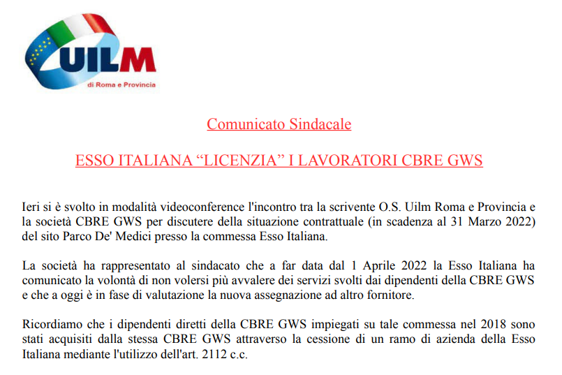 ESSO ITALIANA “LICENZIA” I LAVORATORI CBRE GWS