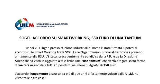 SOGEI: Accordo su smartworking; 350 euro di UNA TANTUM