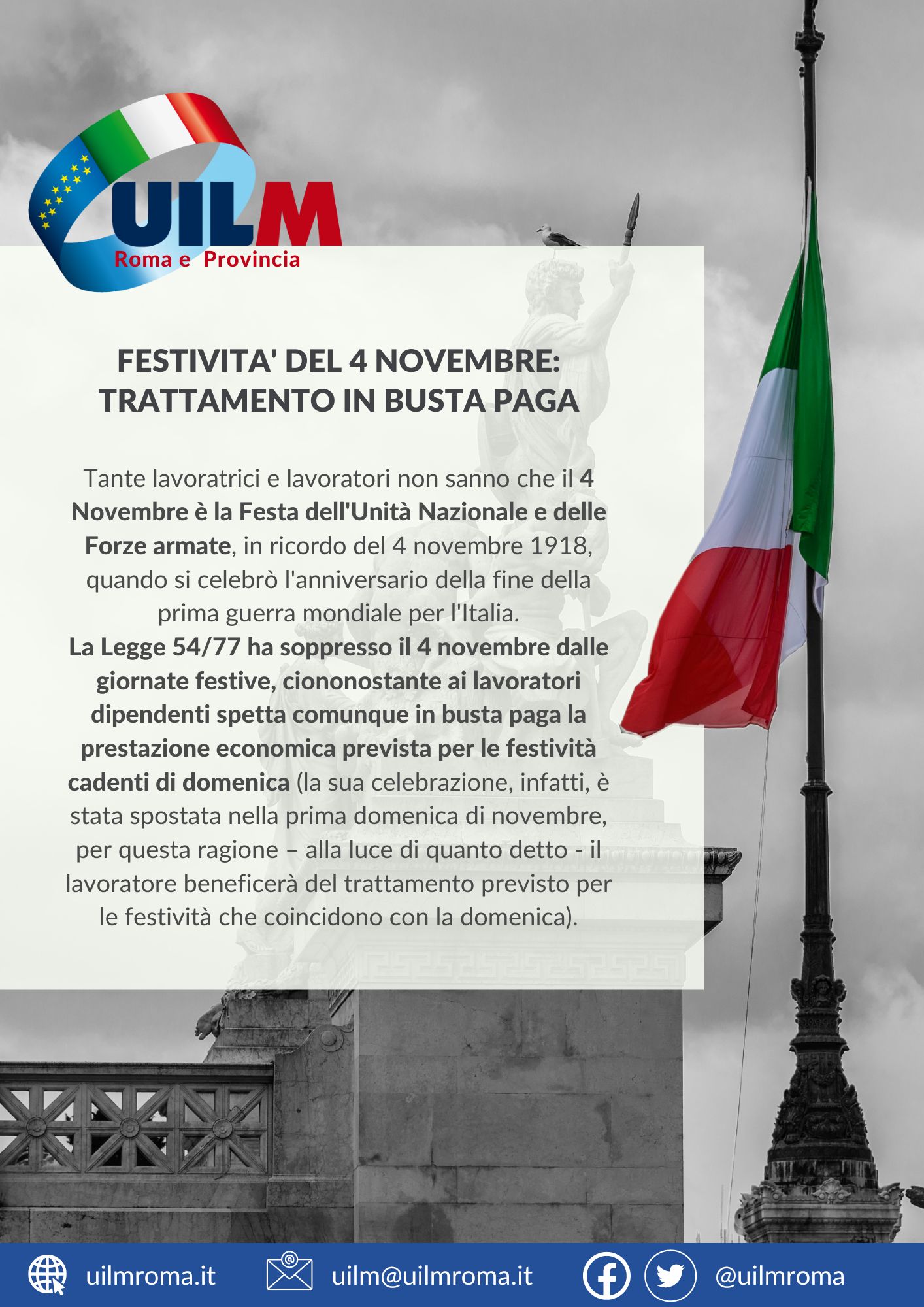 FESTIVITA’ DEL 4 NOVEMBRE: TRATTAMENTO IN BUSTA PAGA