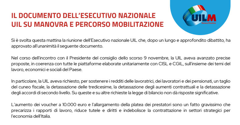 DOCUMENTO DELL’ESECUTIVO NAZIONALE UIL SU MANOVRA E PERCORSO MOBILITAZIONE