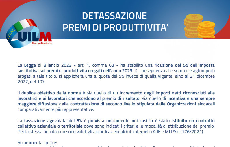 DETASSAZIONE PREMI DI PRODUTTIVITA’