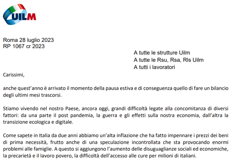 Lettera del Segretario Generale Uilm Rocco Palombella
