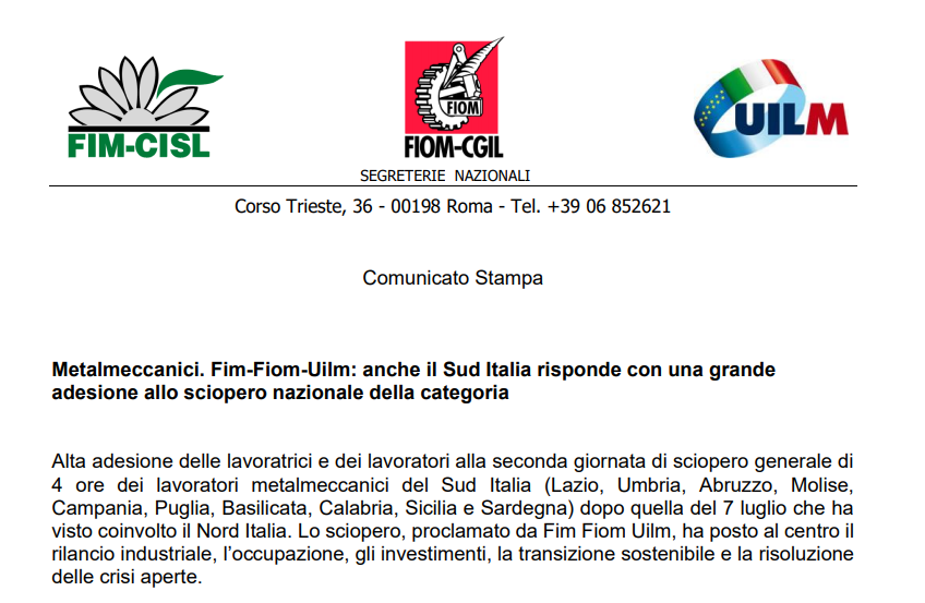 Metalmeccanici. Fim-Fiom-Uilm: anche il Sud Italia risponde con una grande adesione allo sciopero nazionale della categoria