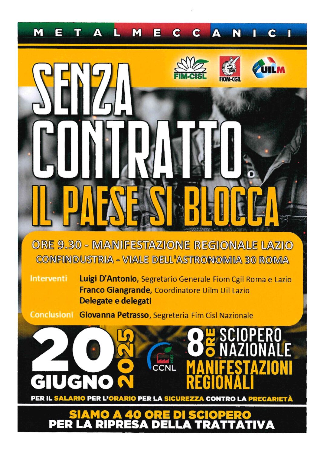 CCNL METALMECCANICI – 20 giugno 2025 sciopero nazionale di 8 ore