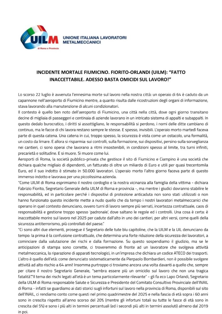 AEROPORTO DI FIUMICINO: OPERAIO CADE DAL TETTO DI UN’OFFICINA E MUORE