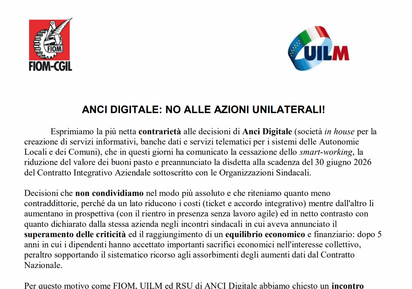 ANCI DIGITALE: NO ALLE AZIONI UNILATERALI!