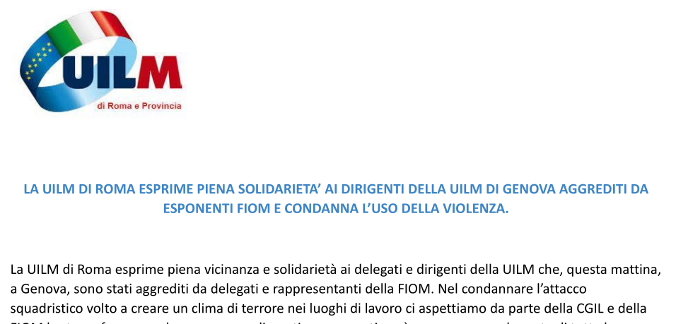 LA UILM DI ROMA ESPRIME PIENA SOLIDARIETÀ AI DIRIGENTI DELLA UILM DI GENOVA AGGREDITI DA ESPONENTI FIOM E CONDANNA L’USO DELLA VIOLENZA